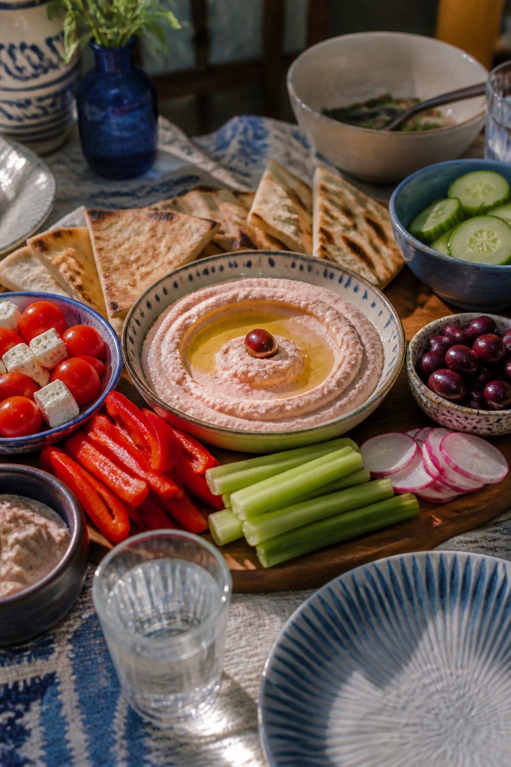 Mezze platter with taramosalata, pita bread, and fresh vegetables.