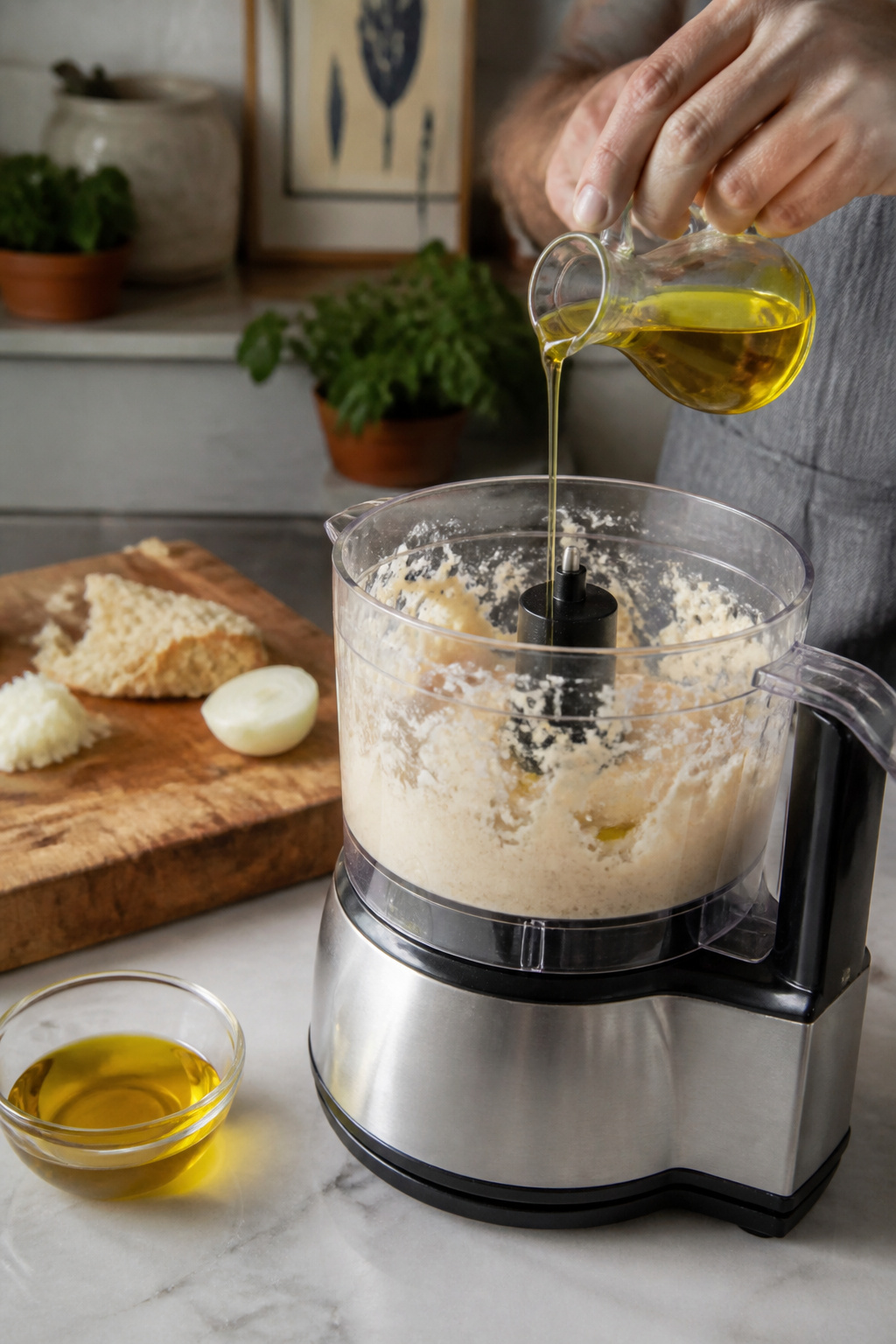 Creamy taramosalata mixture in a food processor.
