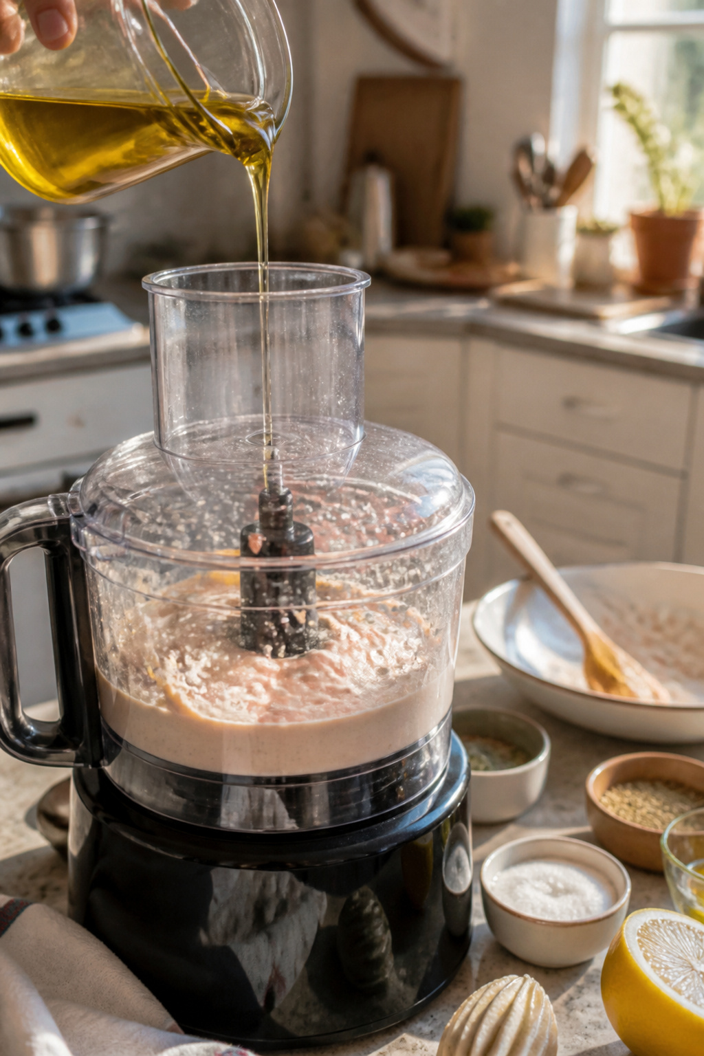 Food processor with creamy taramosalata as olive oil is added.