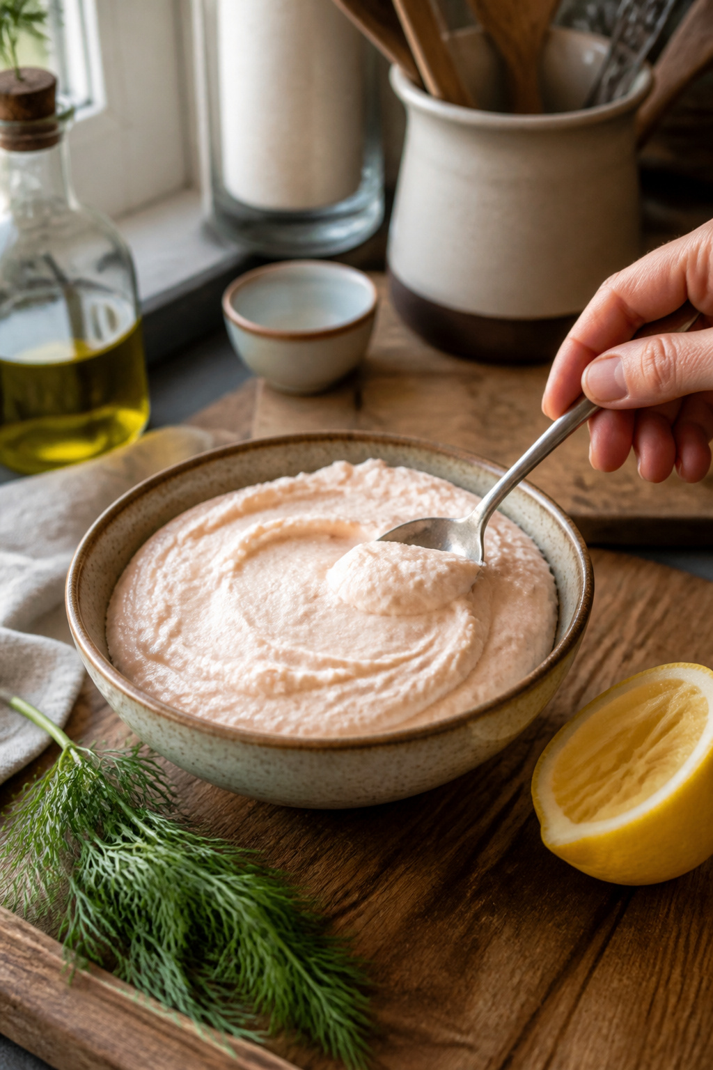 Bowl of taramosalata with a spoon and half-juiced lemon.