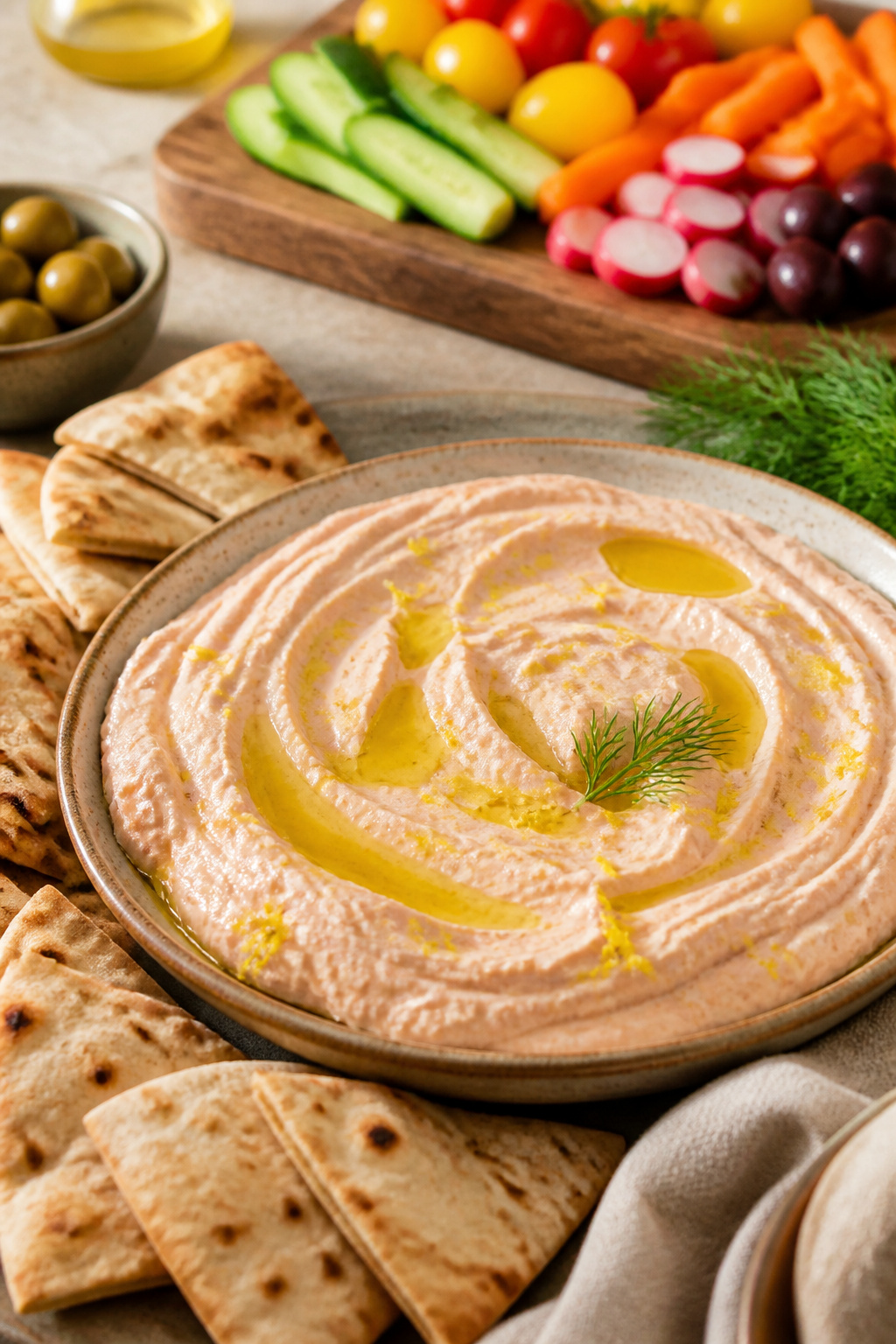 Taramosalata served in a shallow bowl with olive oil drizzle.