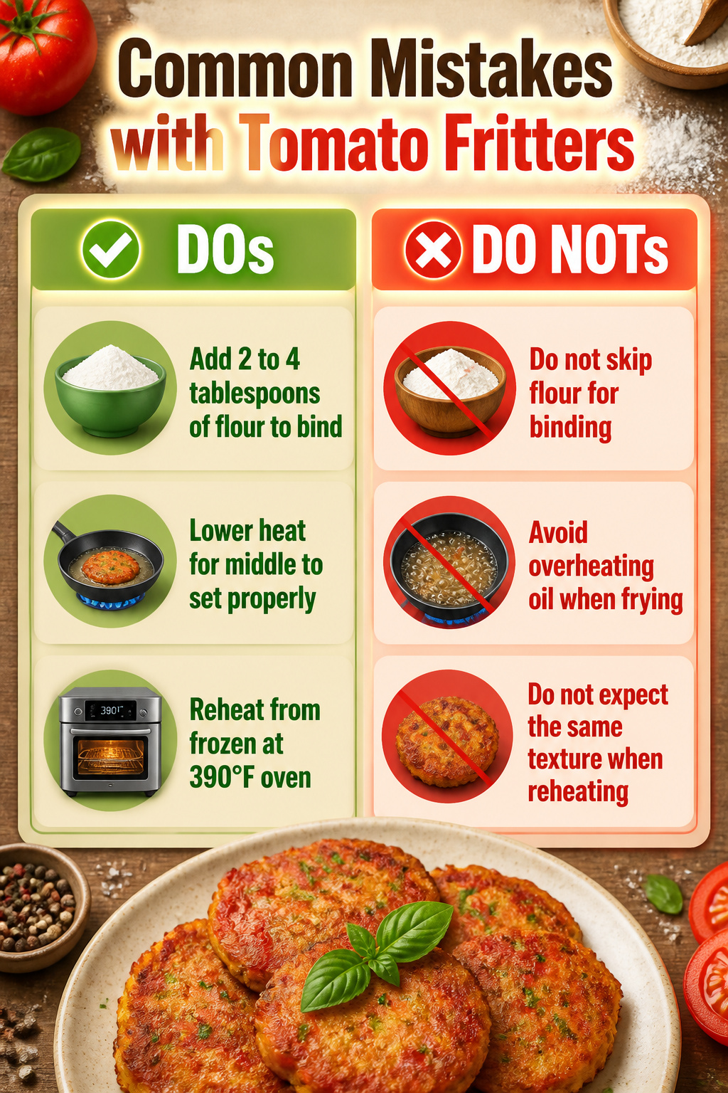An infographic detailing mistakes and fixes for tomato fritters.
