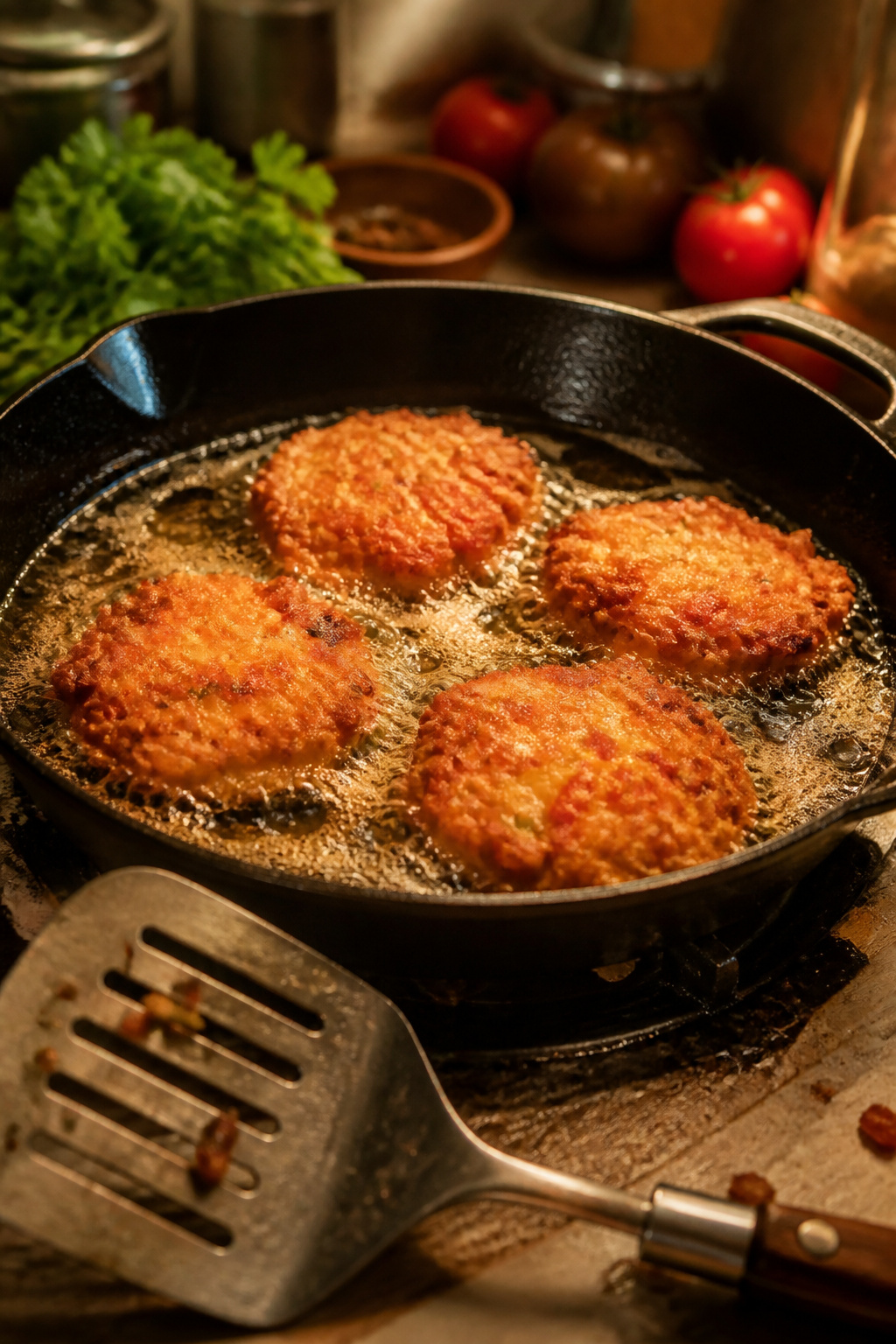 Fritters cooking in a skillet of hot oil, bubbling around the edges.