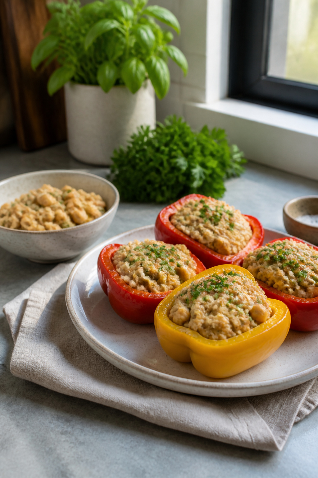 Plate of stuffed peppers featuring chickpea filling.