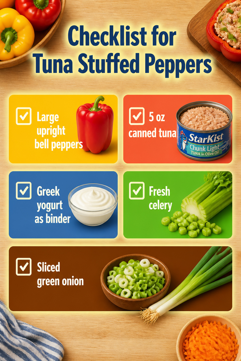 Ingredients for tuna stuffed peppers laid out on a checklist.