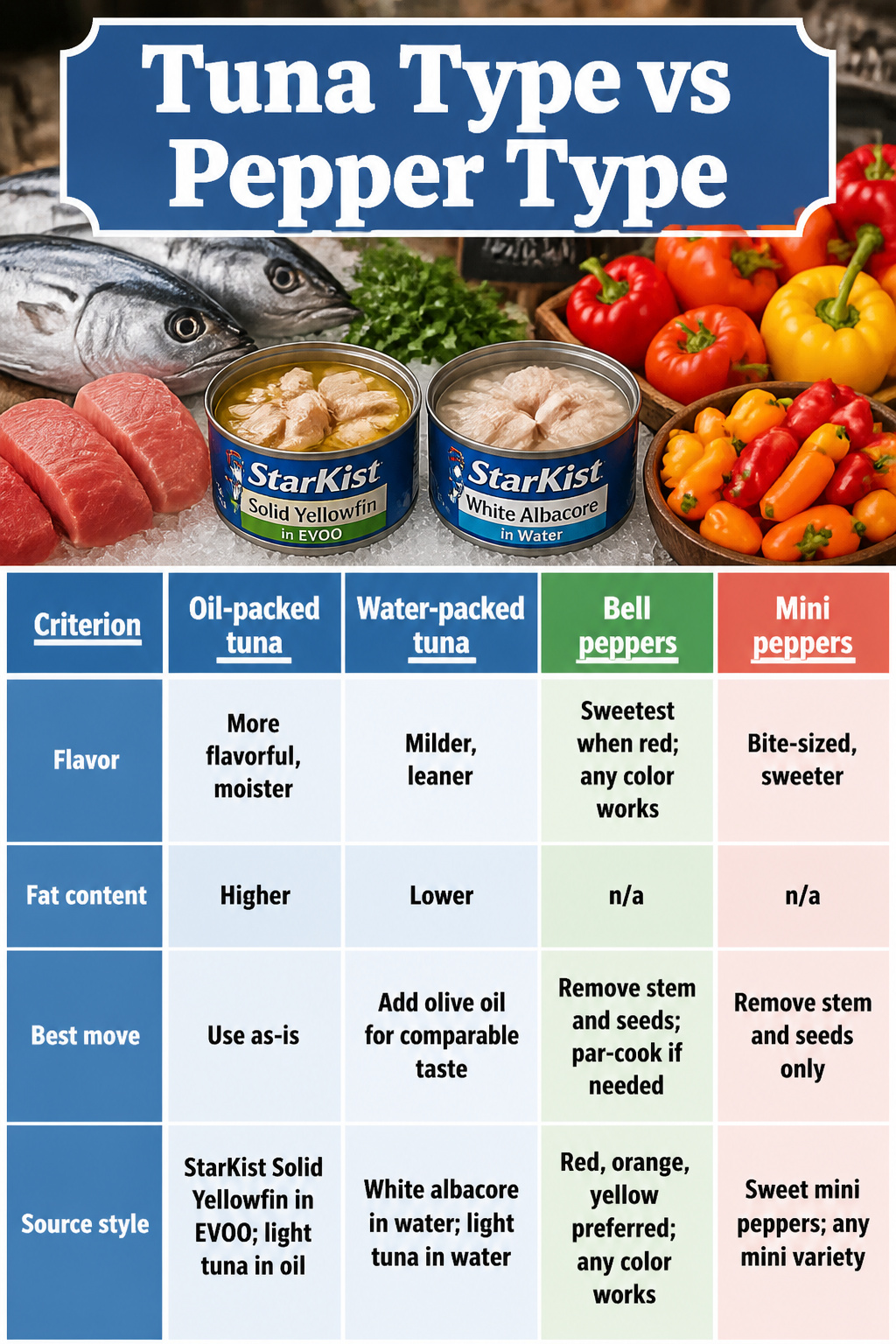 Chart comparing oil-packed and water-packed tuna and pepper types.