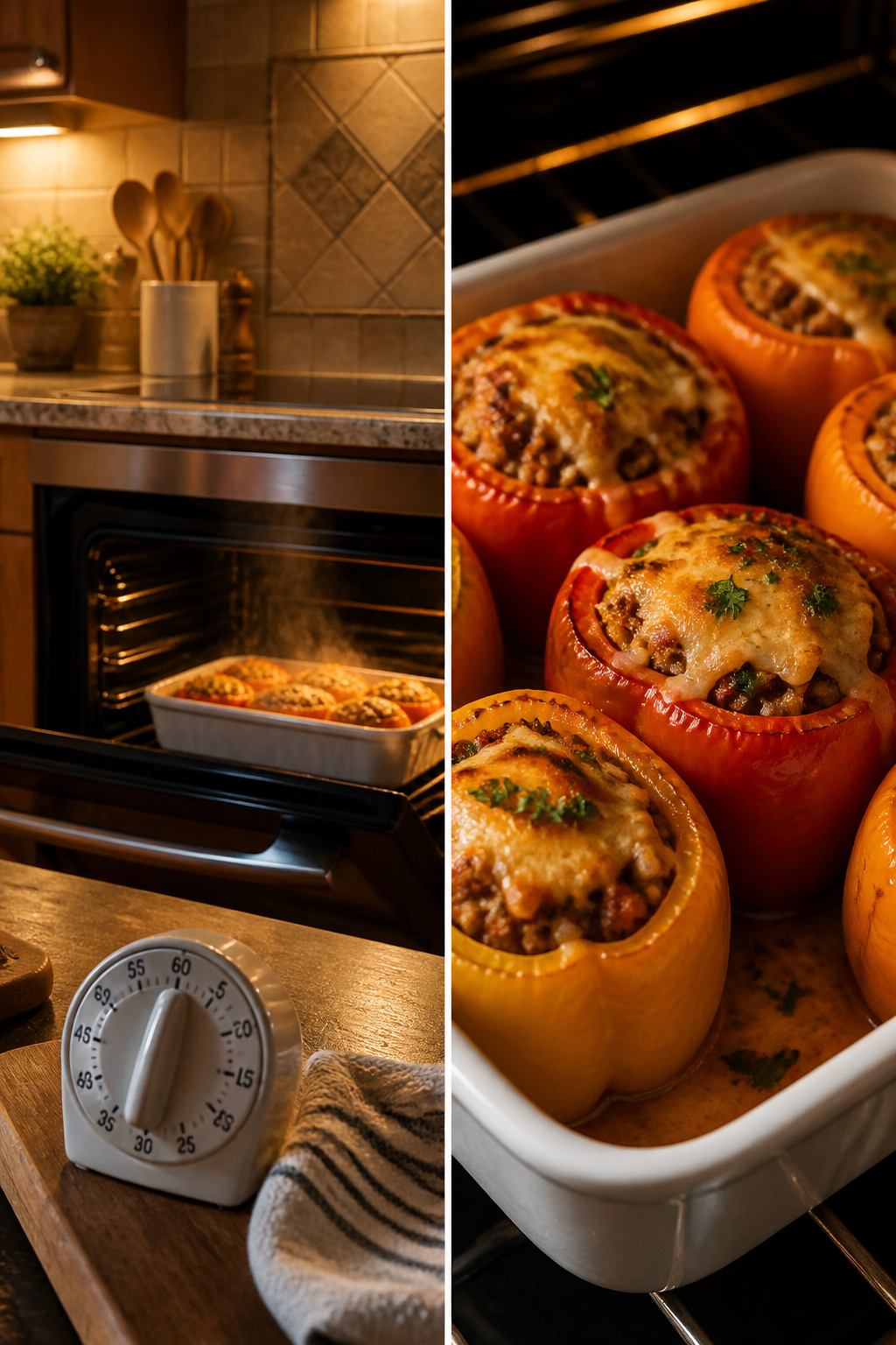 Baking dish with stuffed peppers in a preheated oven.