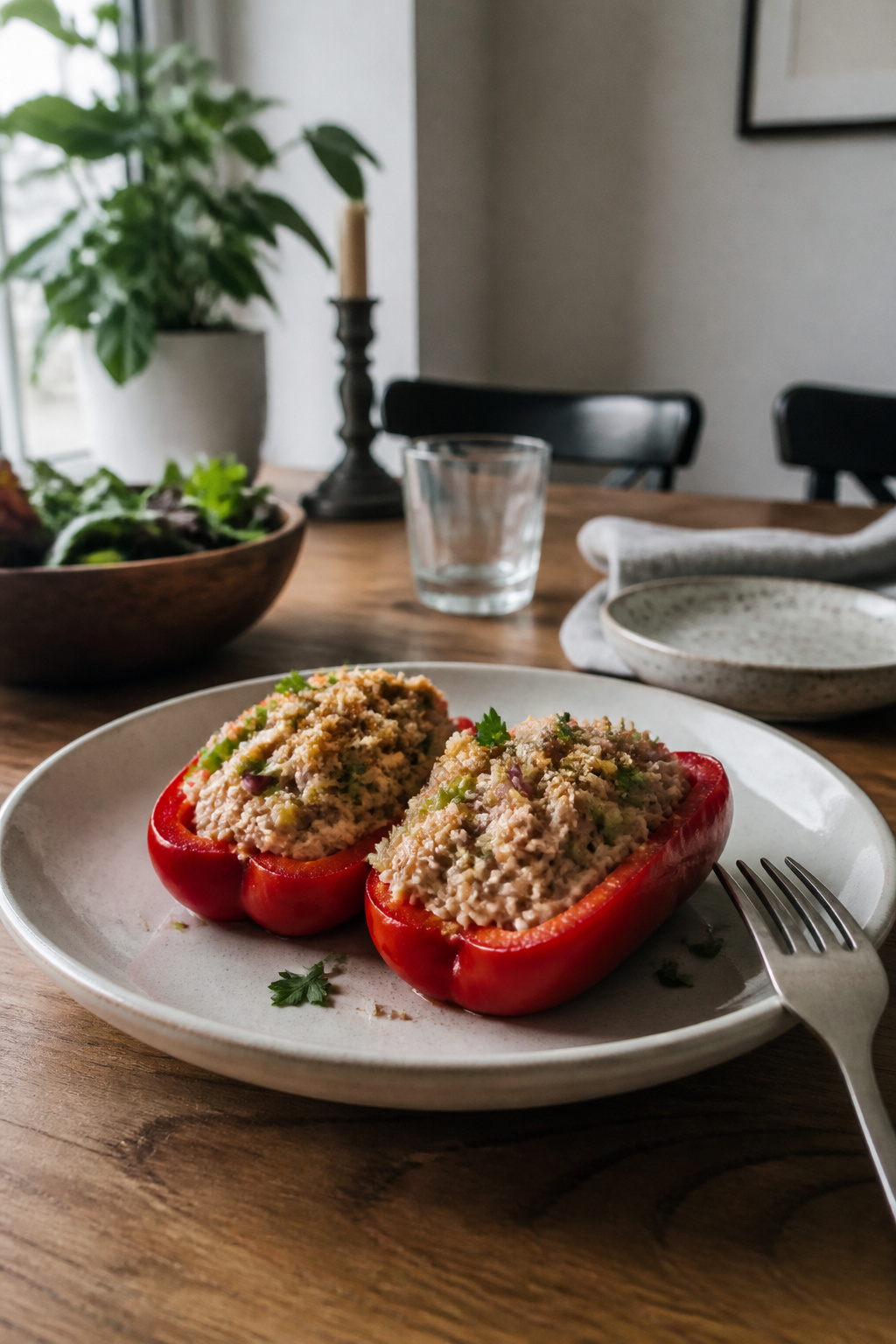 Two plated stuffed pepper halves on a wooden table.