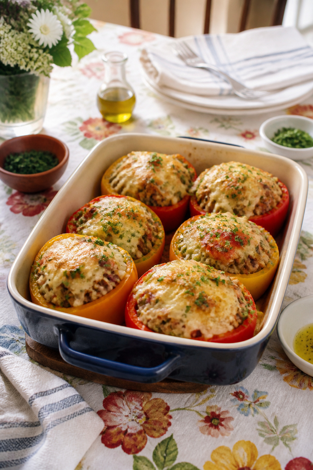 Stuffed peppers with tuna salad filling and melted cheese.