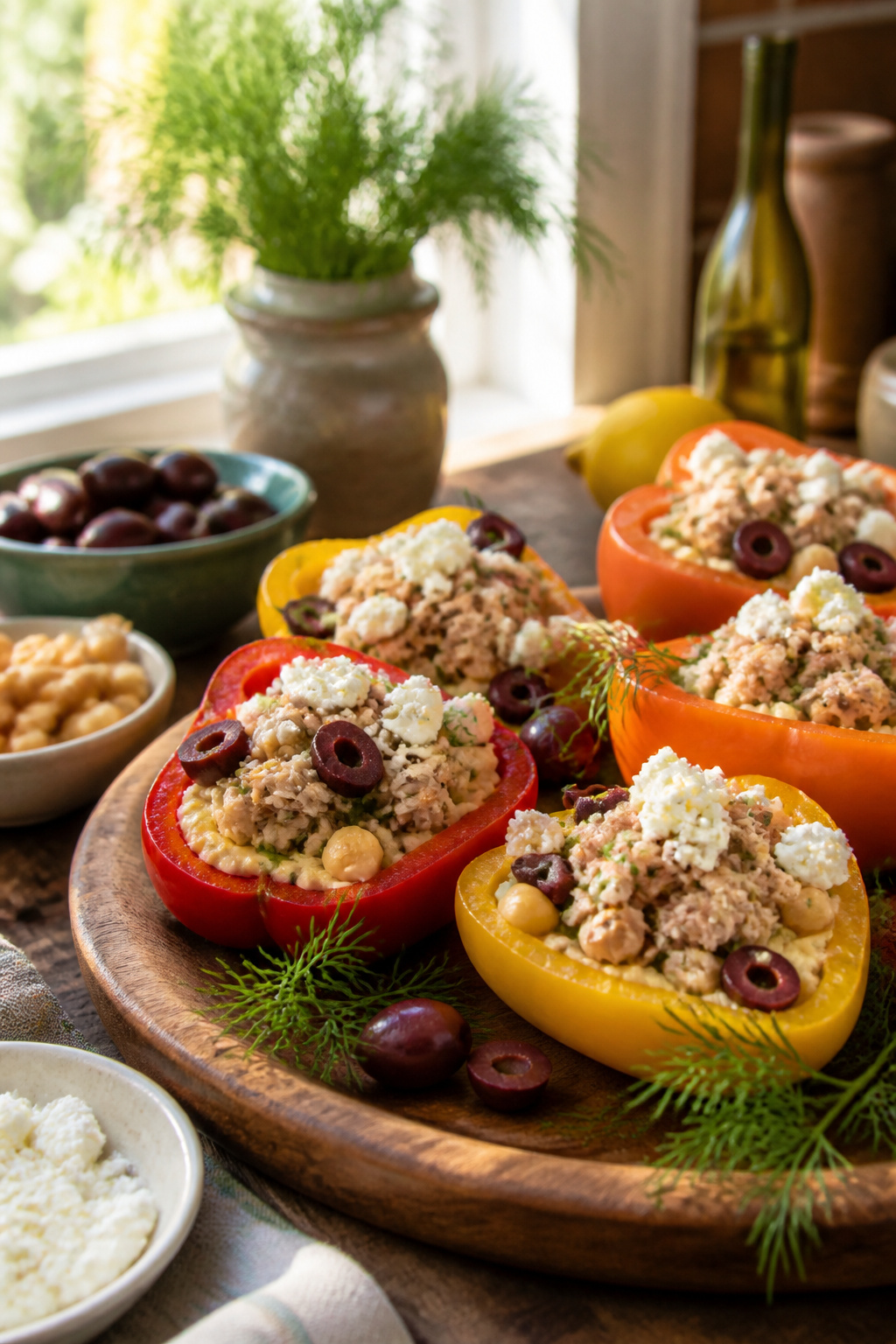 Stuffed peppers featuring Mediterranean ingredients on a wooden platter.
