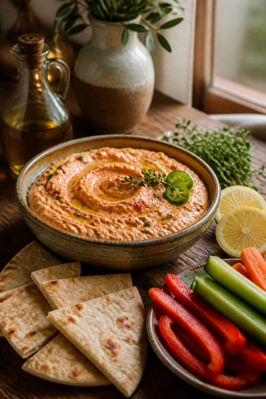 Serving dish of tyrokafteri with roasted red peppers and chili.