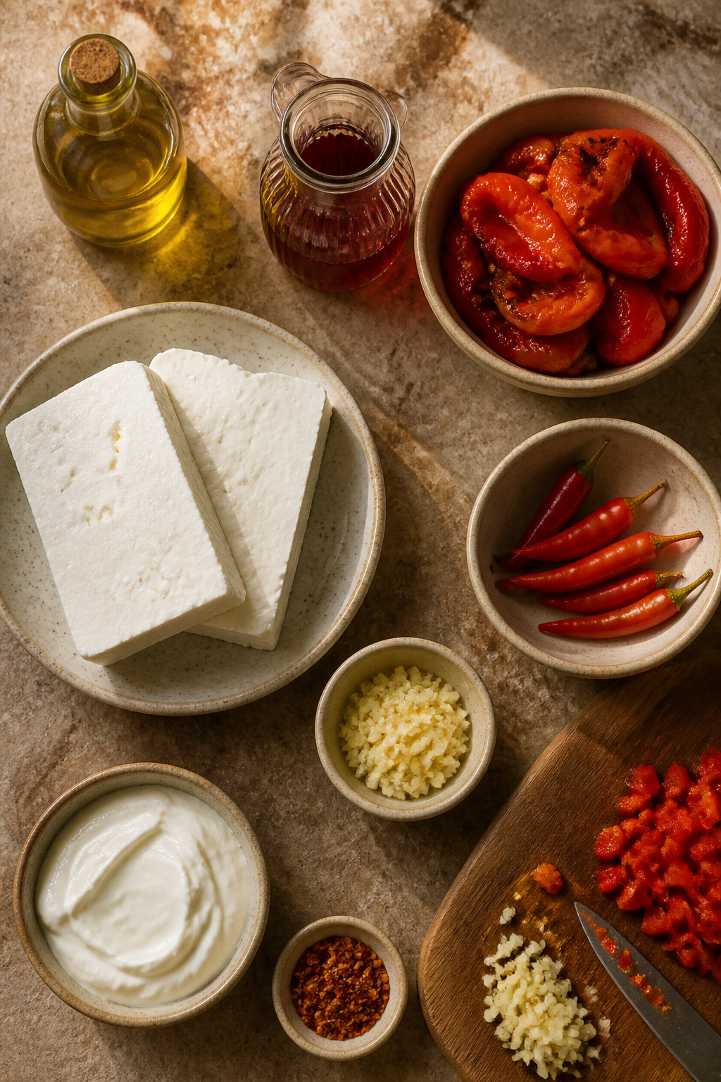 Ingredients for tyrokafteri: feta, olive oil, roasted red peppers.