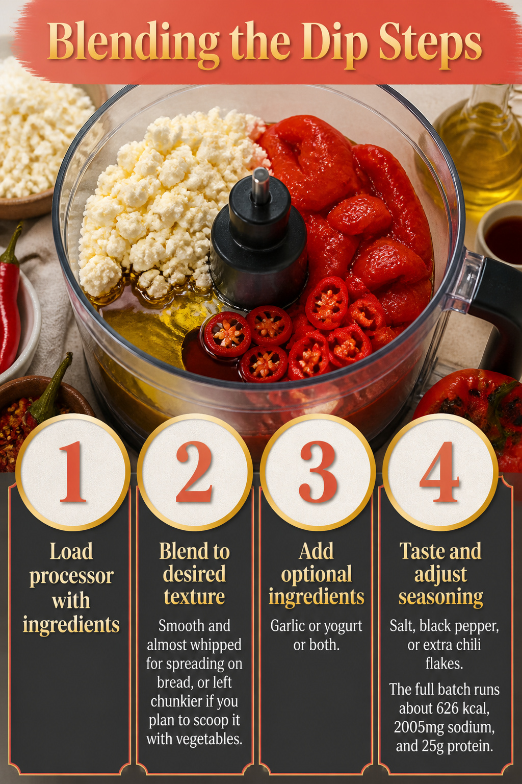 Food processor with ingredients for blending tyrokafteri dip.