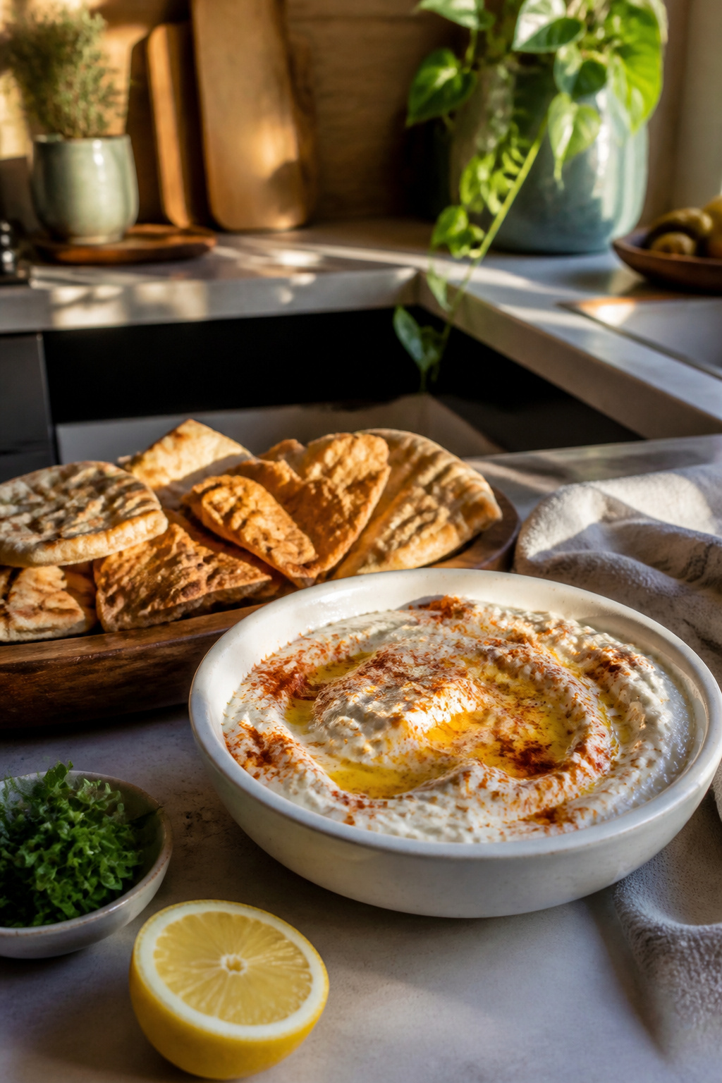 Bowl of tyrokafteri with pita bread and chips on a wooden platter.