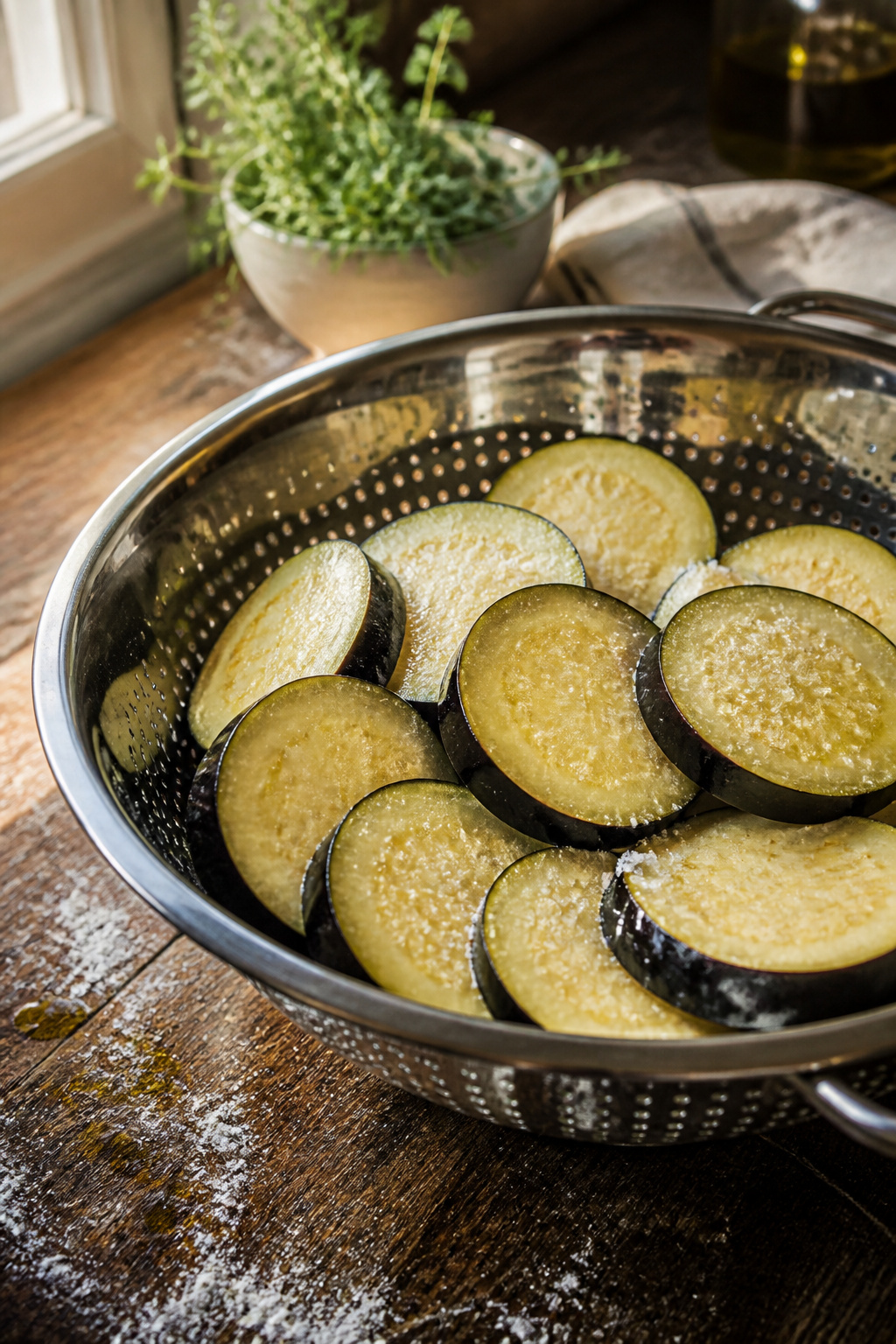 Quarter-inch thick sliced eggplant rounds in a colander with salt.
