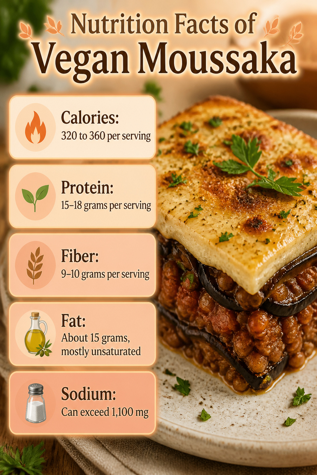 Nutrition facts for vegan moussaka displayed in a chart.