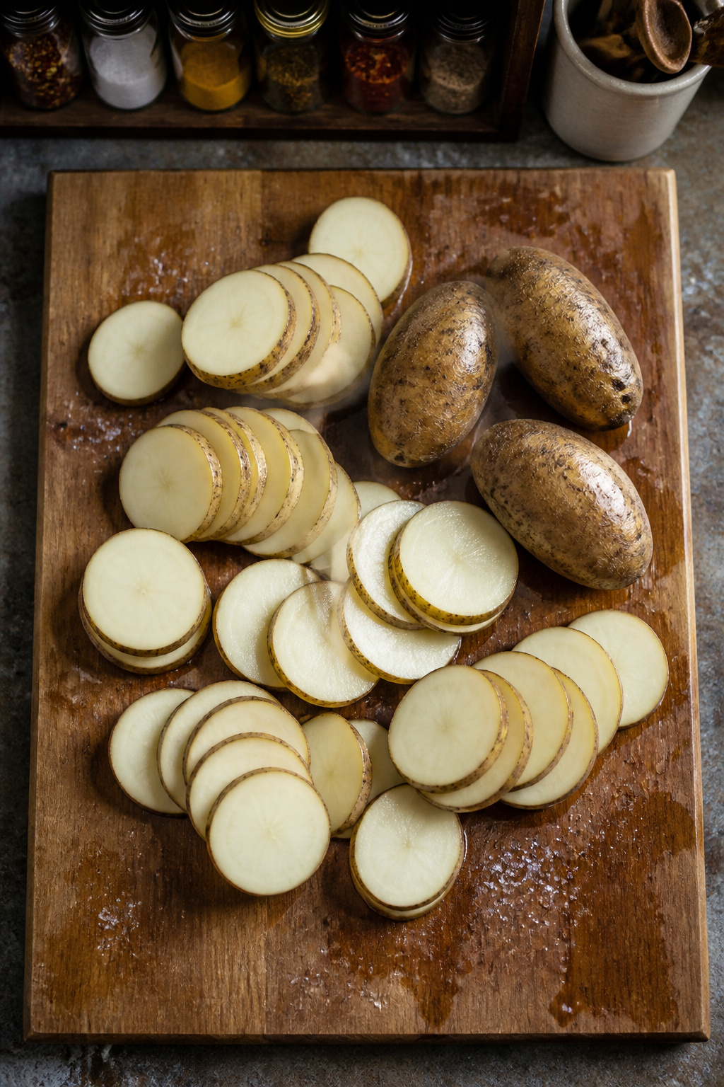 Sliced russet potatoes arranged on a surface.