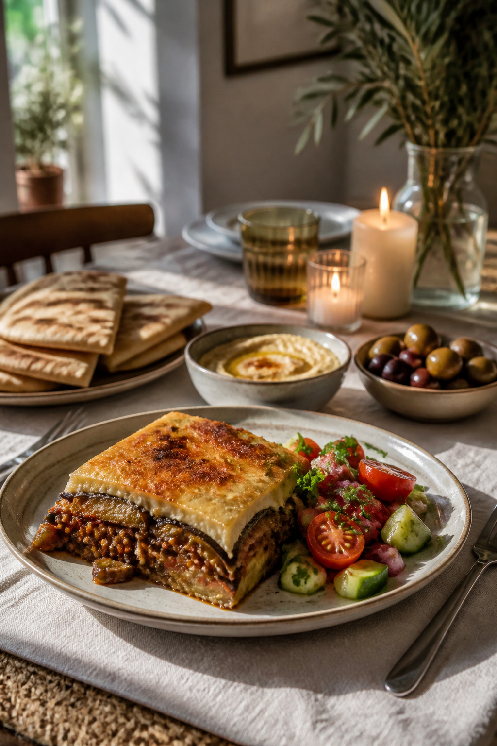 A dining table set with vegan moussaka, salad, and bread.