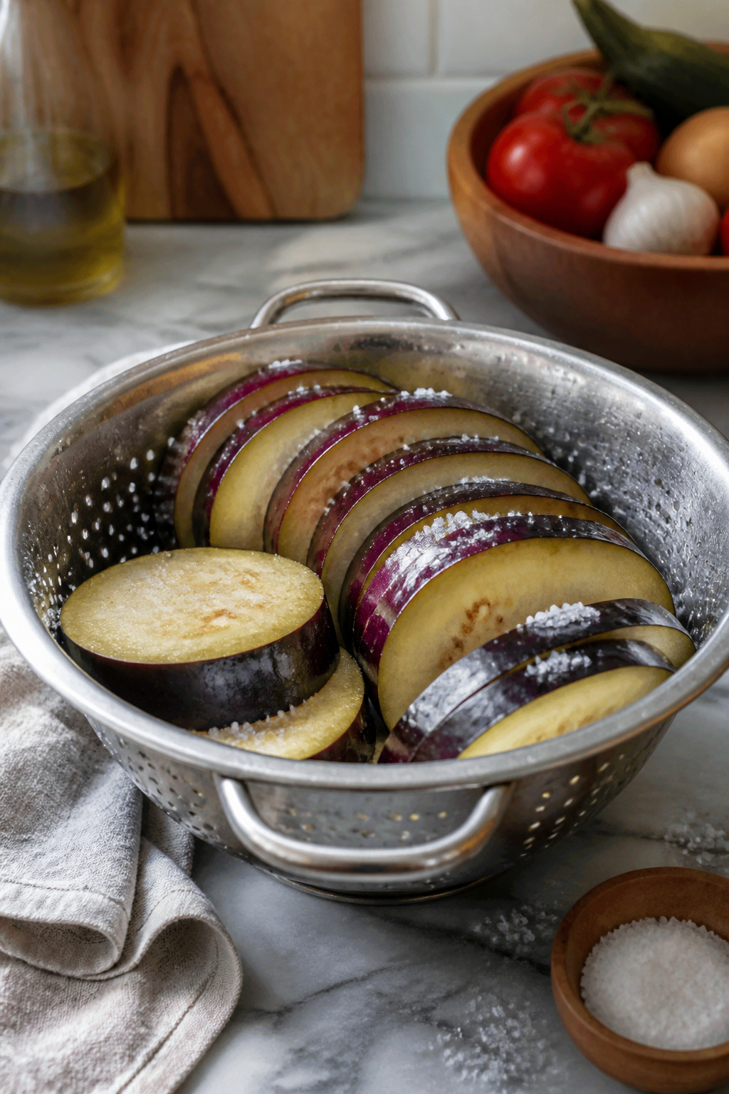 Slices of eggplant in a colander coated with salt, glistening under light.