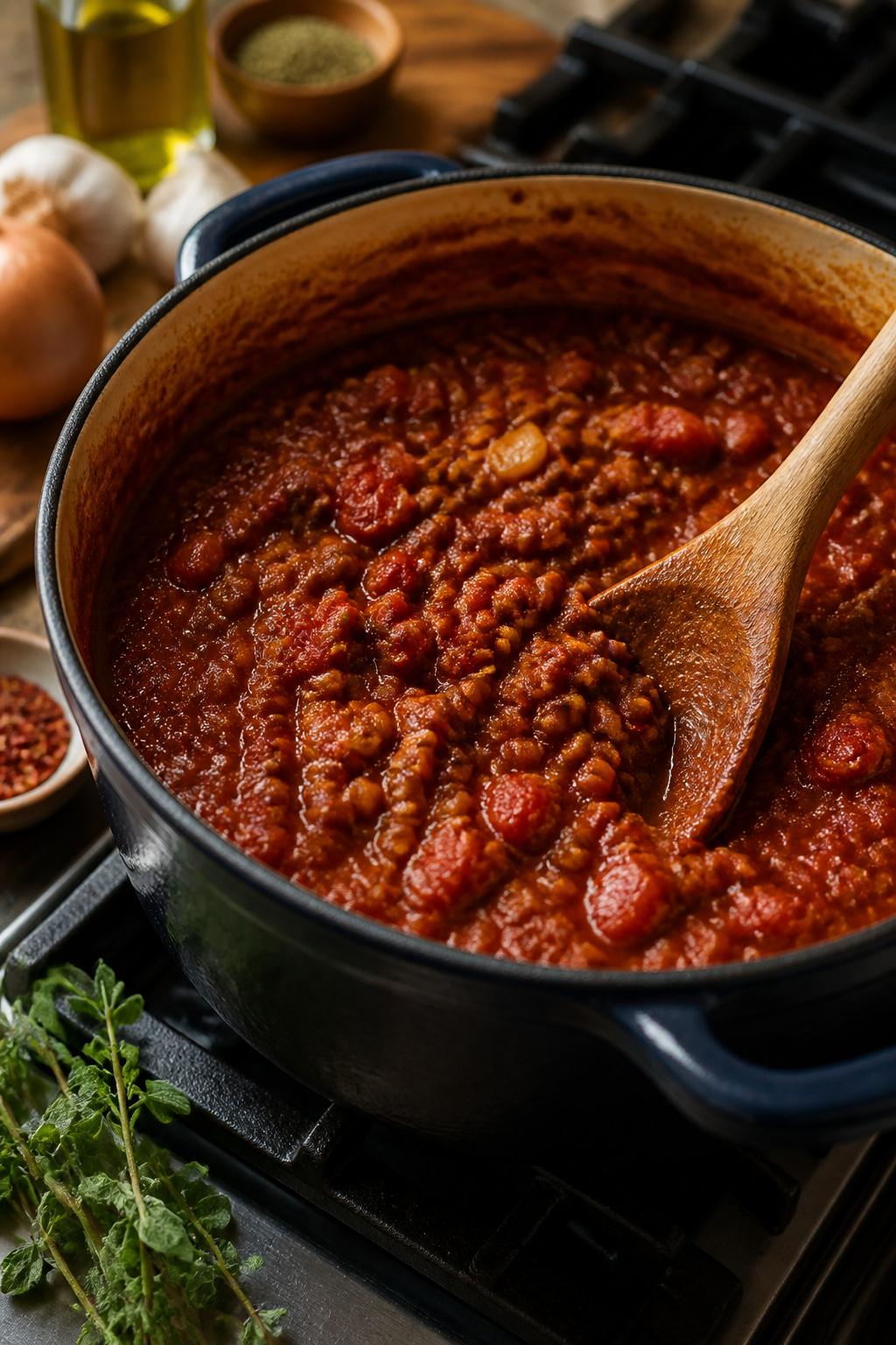 A large pot with a tomato-lentil sauce cooking on the stove.