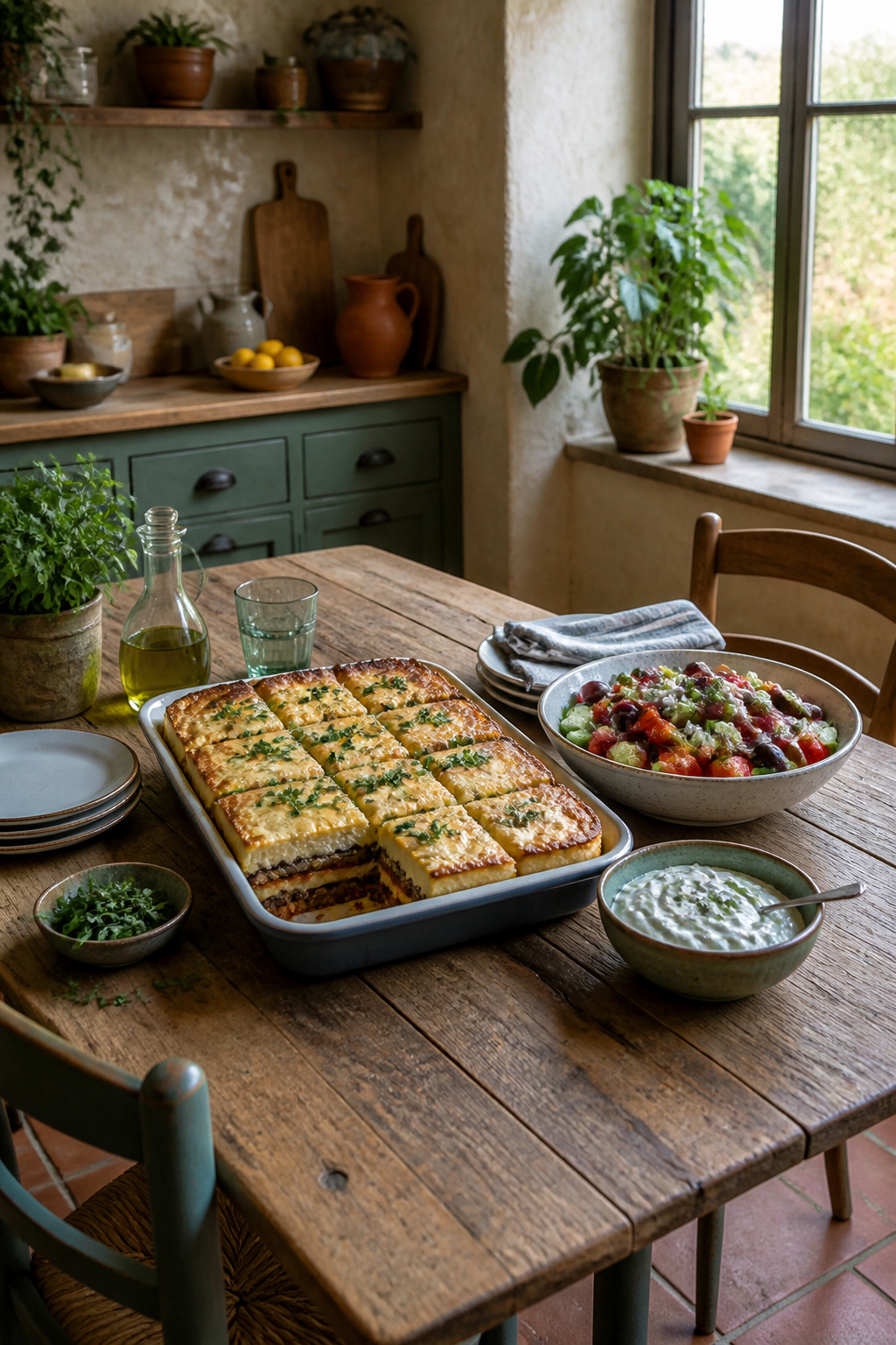 A plate of vegetarian moussaka served with a side salad and bread.