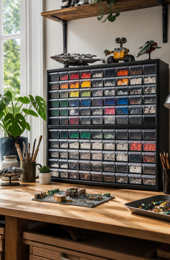 8 LEGO Storage Ideas That Actually Work in 2026 1 A drawer cabinet filled with colorful LEGO pieces in clear drawers.