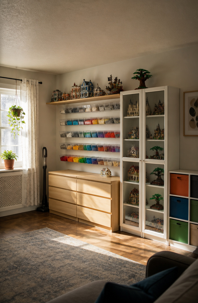8 LEGO Storage Ideas That Actually Work in 2026 10 Wall-mounted shelves filled with LEGO sets and storage bins.