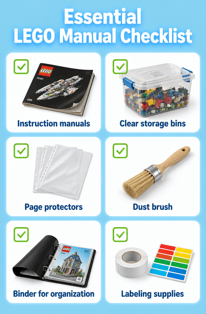 8 LEGO Storage Ideas That Actually Work in 2026 11 A binder holding LEGO instruction manuals with page protectors.
