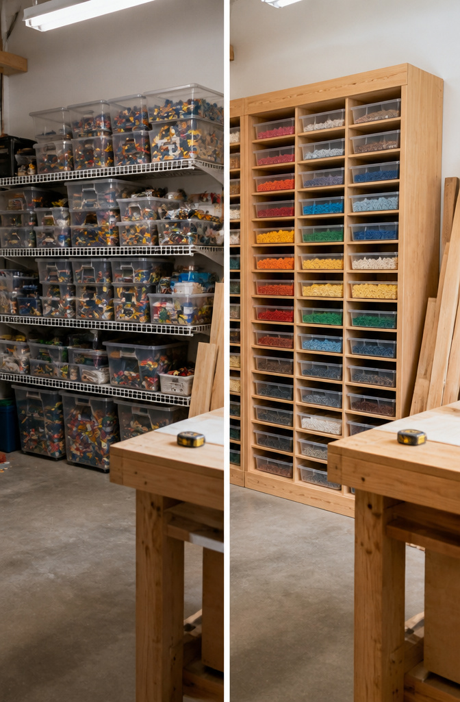 8 LEGO Storage Ideas That Actually Work in 2026 12 A wooden wall unit with open bins for storing LEGO pieces.