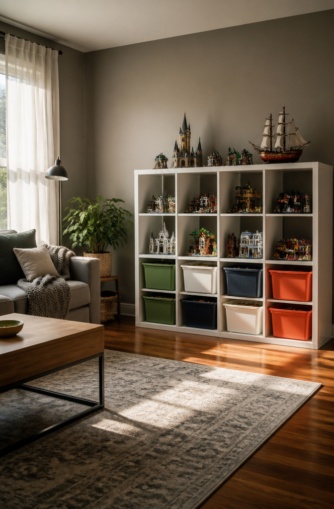 8 LEGO Storage Ideas That Actually Work in 2026 2 A KALLAX shelving unit with bins and finished LEGO models.