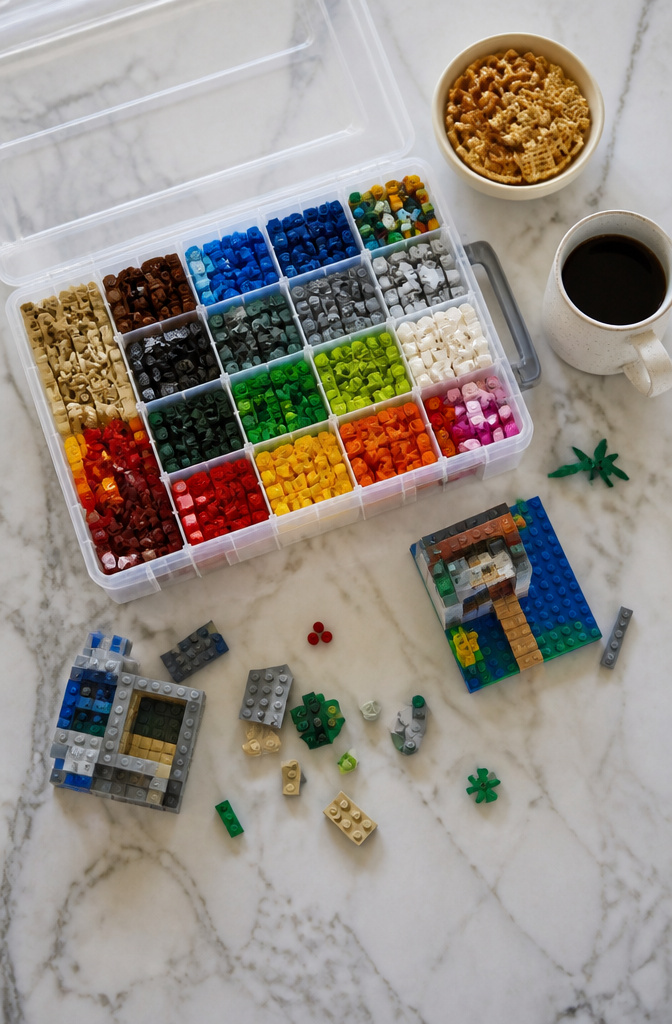 8 LEGO Storage Ideas That Actually Work in 2026 3 A tackle box with adjustable compartments filled with LEGO pieces.