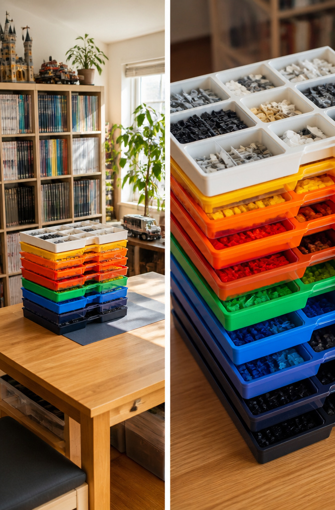 8 LEGO Storage Ideas That Actually Work in 2026 4 Organizers with removable compartments for sorting LEGO pieces.