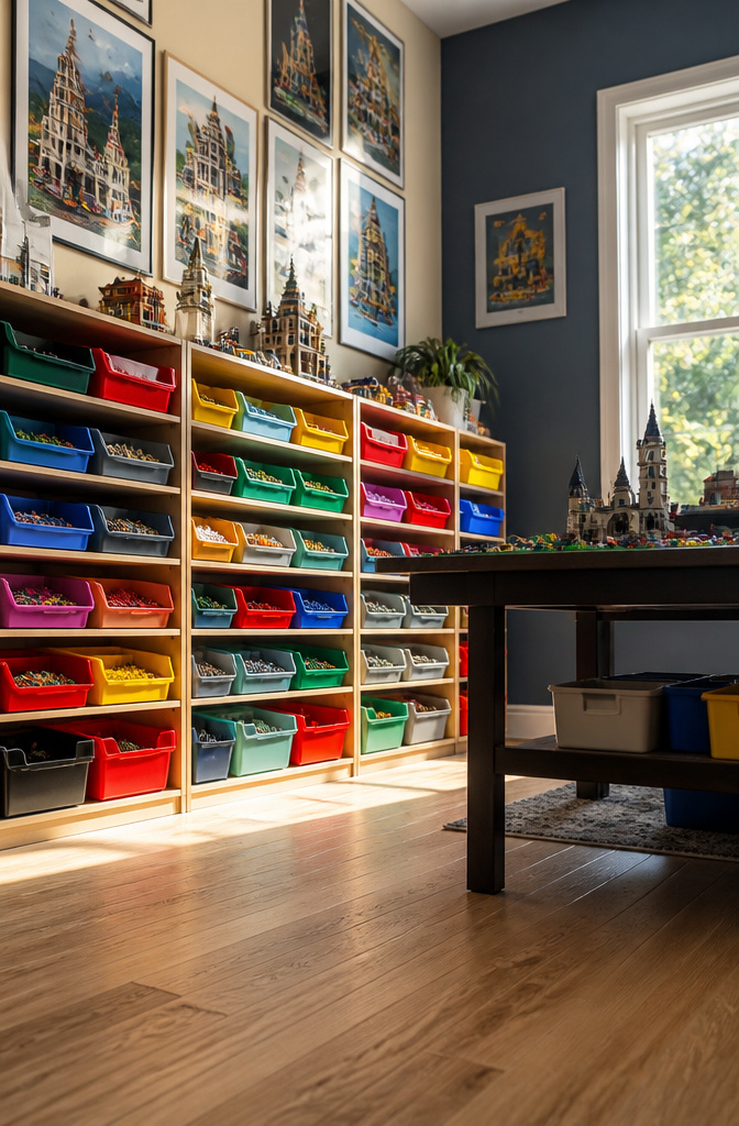 8 LEGO Storage Ideas That Actually Work in 2026 5 Open-front bins filled with LEGO pieces on industrial shelving.