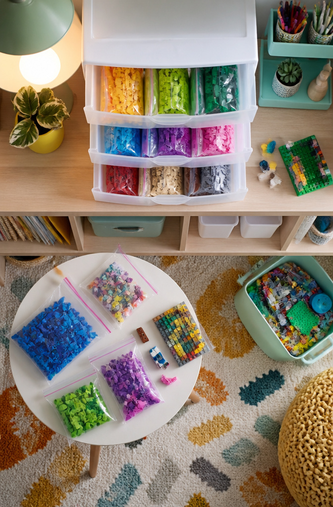 8 LEGO Storage Ideas That Actually Work in 2026 6 Resealable bags filled with assorted LEGO pieces on a table.