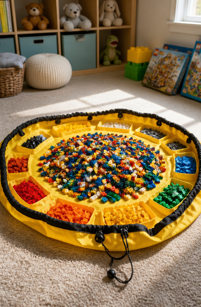 8 LEGO Storage Ideas That Actually Work in 2026 7 A large Swoop Bag spread out as a play mat with LEGO bricks.