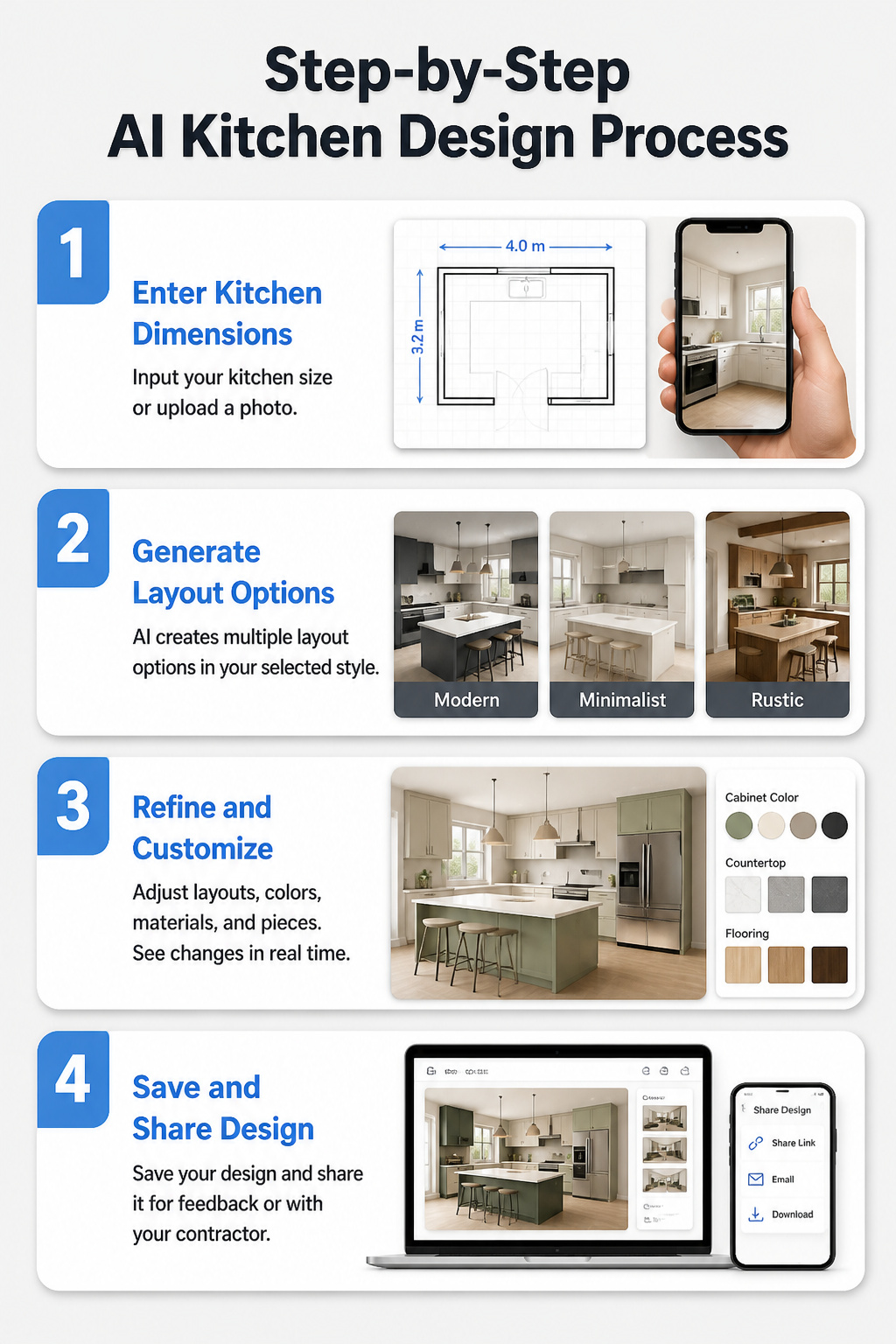 An infographic detailing the step-by-step AI kitchen design process.