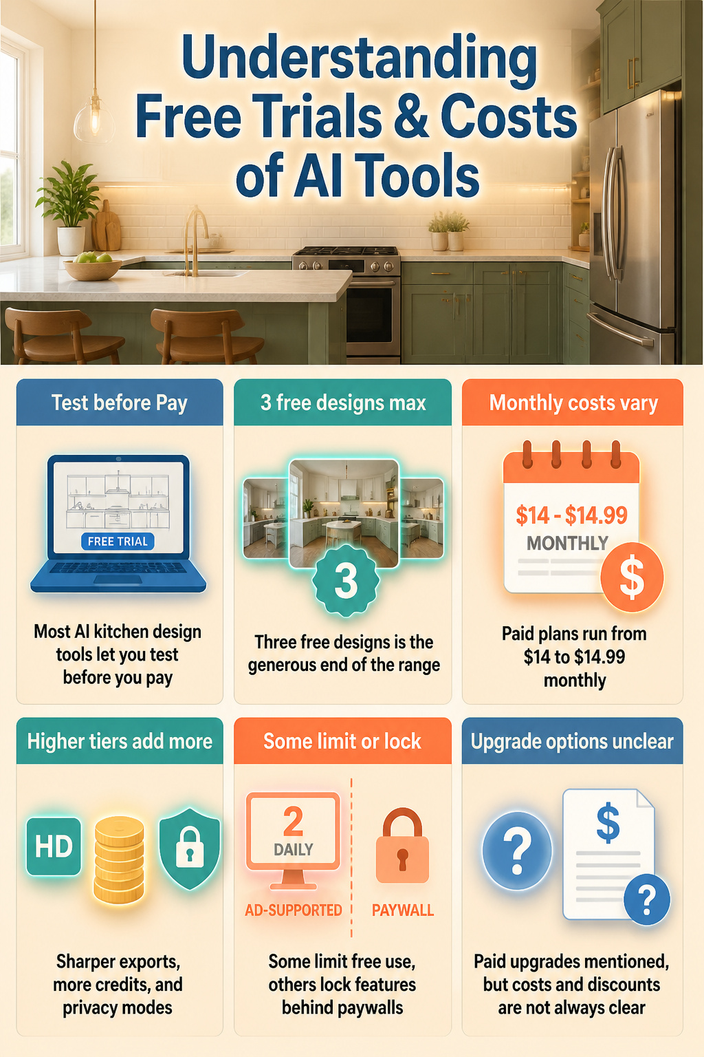 An infographic explaining the costs and free trials of AI kitchen design tools.