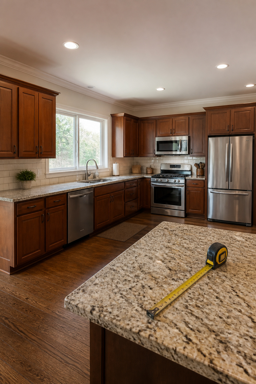A spacious kitchen with wooden cabinetry, stainless steel appliances, and measuring tape.