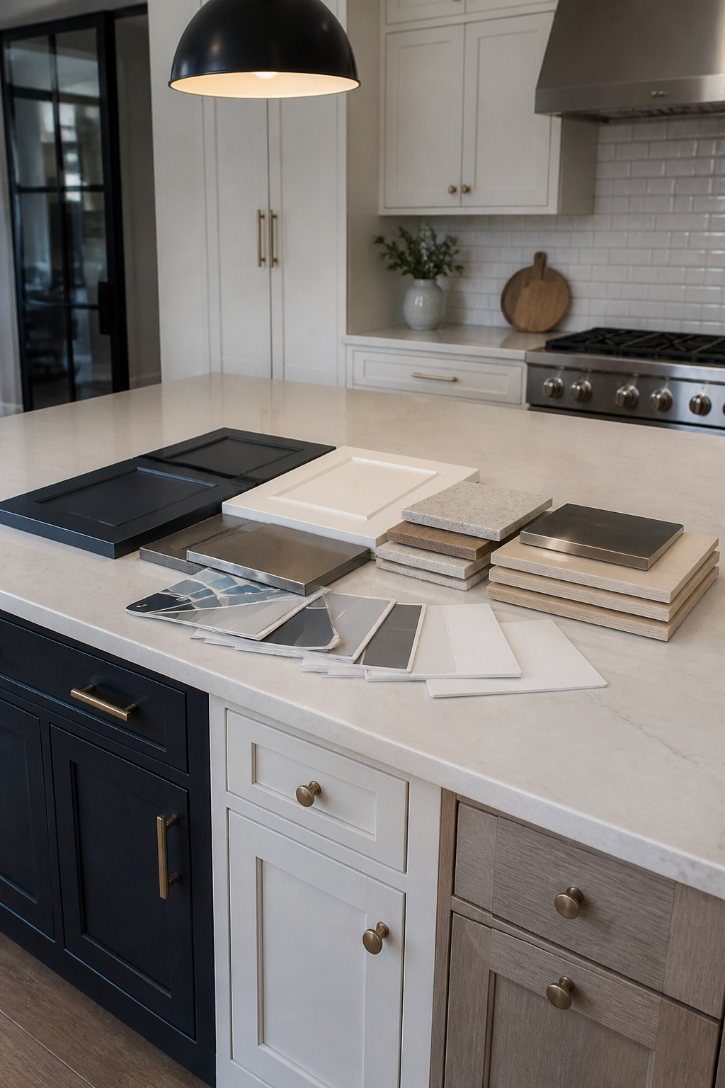 A modern kitchen island with various cabinet finishes and color samples.