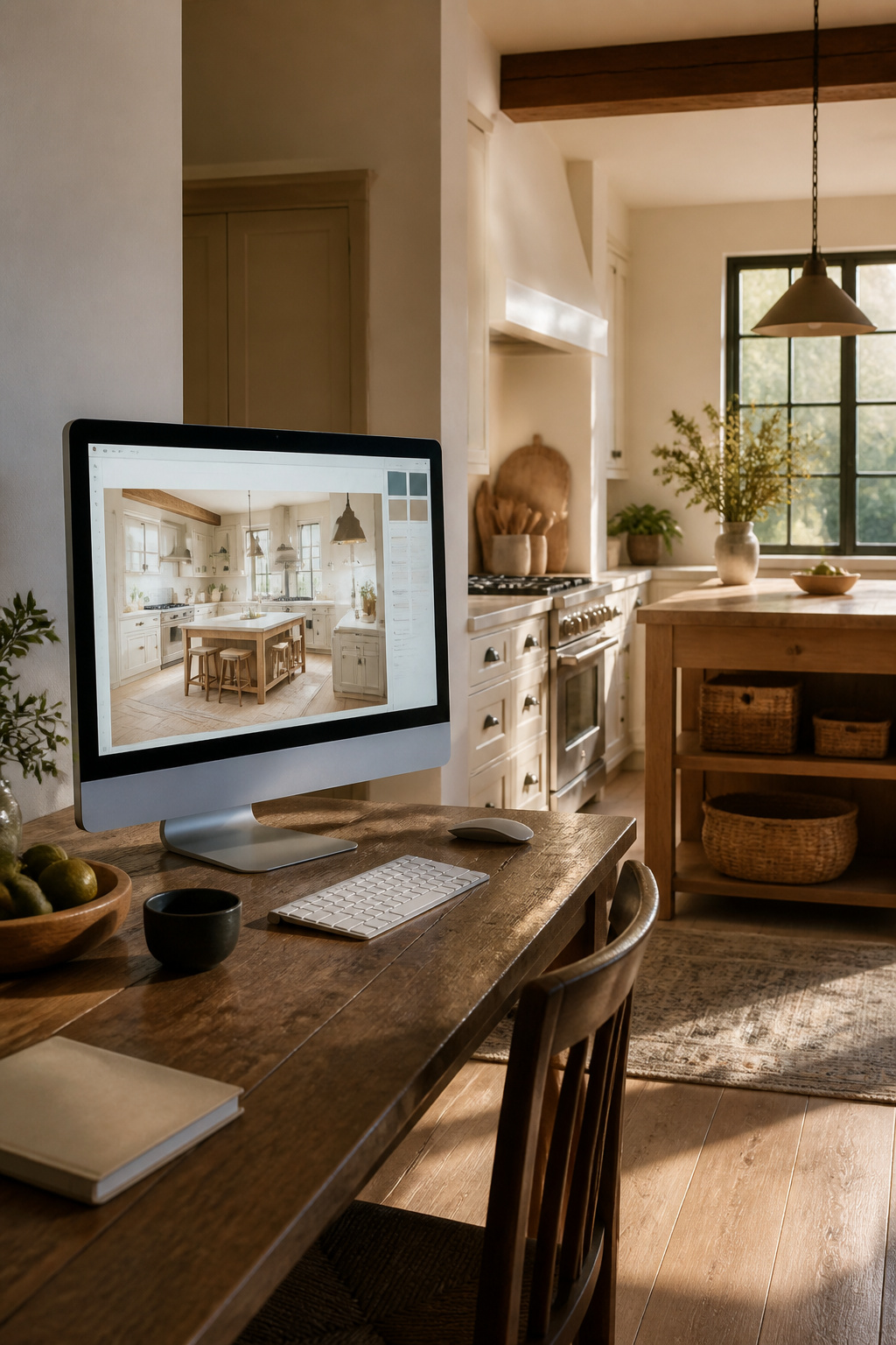 A kitchen overview with a 3D rendering displayed on a computer screen.