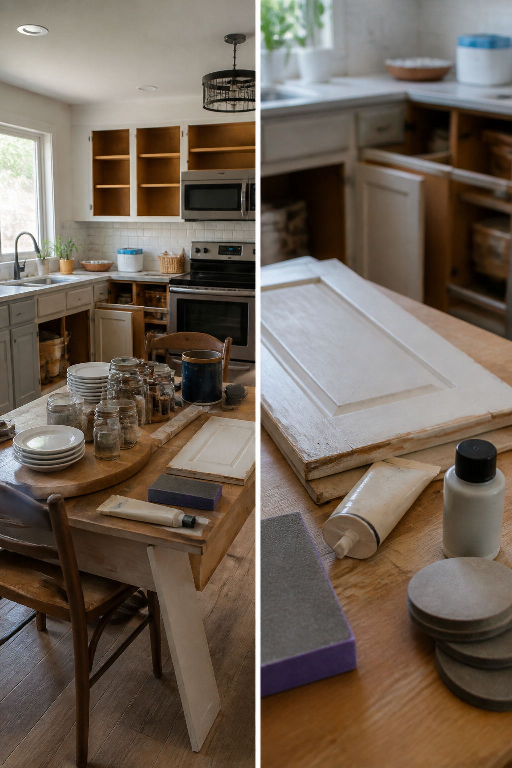 An empty kitchen table covered with plates and jars next to cabinets.
