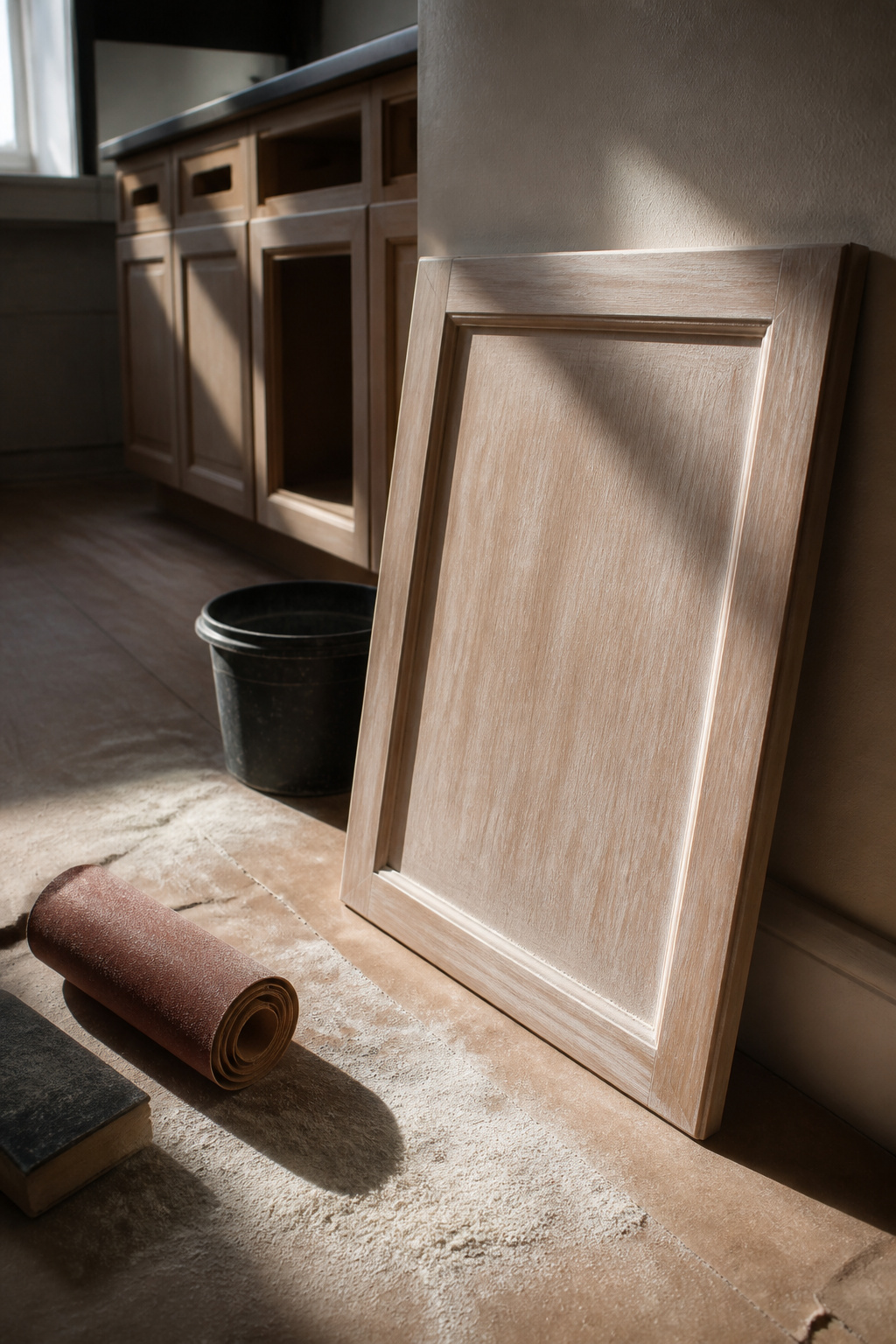 A freshly sanded cabinet door with sandpaper and dust on the floor.