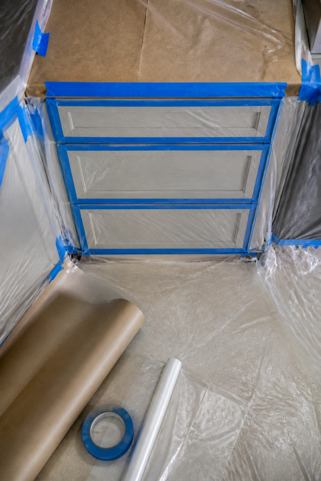 Painter's tape and plastic sheeting applied in preparation for painting.
