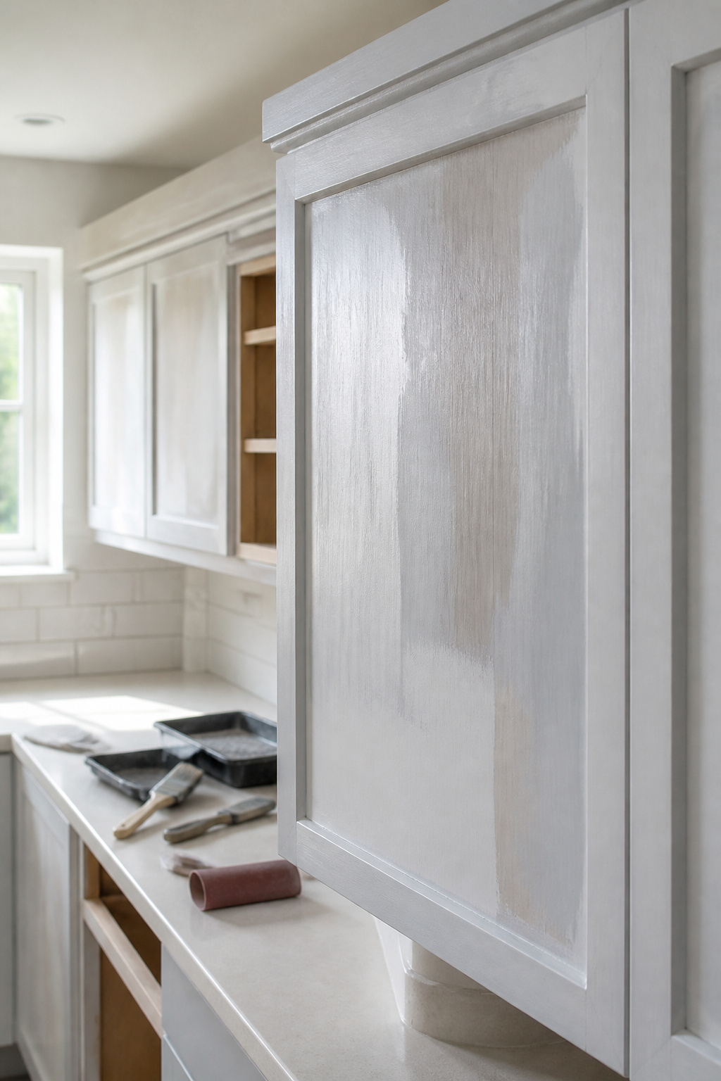Cabinet doors showing uneven primer coats ready for sanding.