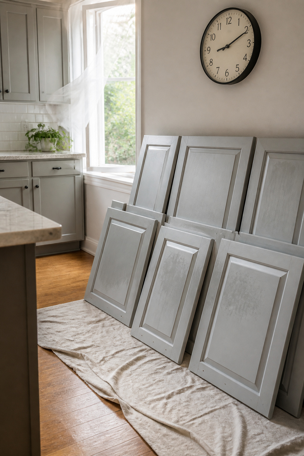 Painted cabinet doors leaning against a wall, indicating curing time.