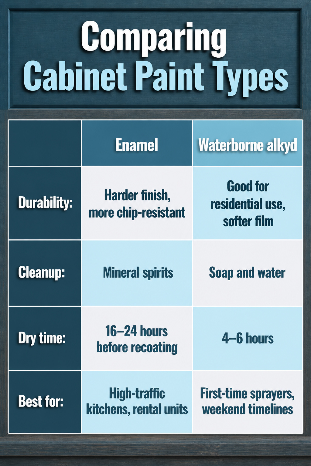 A comparison chart showing different cabinet paint types and their features.