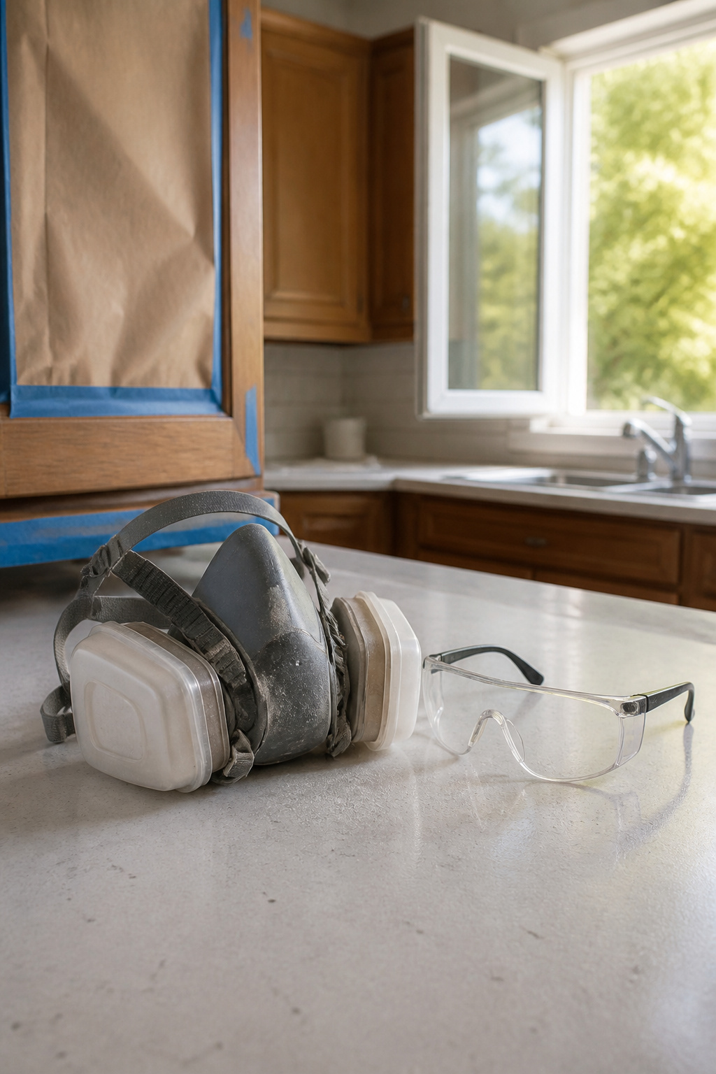 Safety gear including a respirator mask and safety glasses on a table.