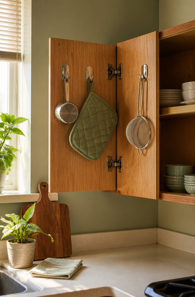 12 Apartment Kitchen Storage Ideas for Tight Spaces (2026) 1 Cabinet doors with self-adhesive hooks holding measuring cups and a pot holder.
