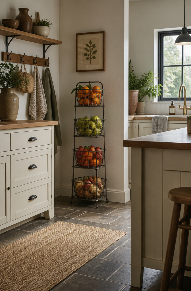 12 Apartment Kitchen Storage Ideas for Tight Spaces (2026) 10 Stacked wire baskets holding fruits and vegetables.