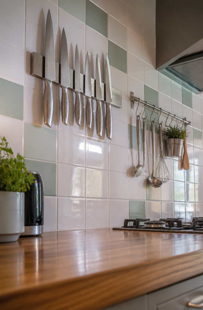 12 Apartment Kitchen Storage Ideas for Tight Spaces (2026) 11 A magnetic knife bar mounted on a wall holding kitchen knives.
